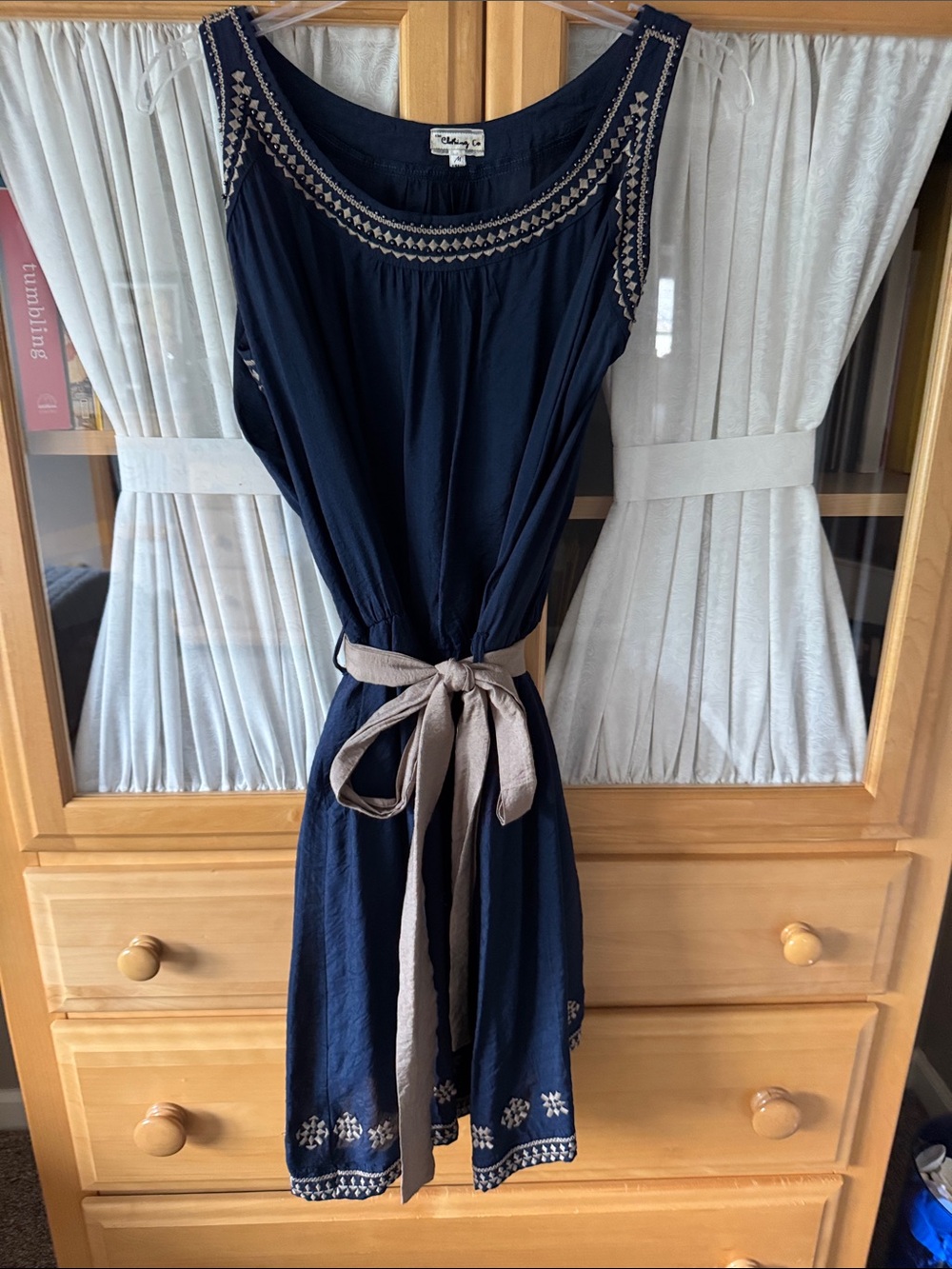Old Navy Navy Sleeveless Embroidered Midi Dress with Tan Tie